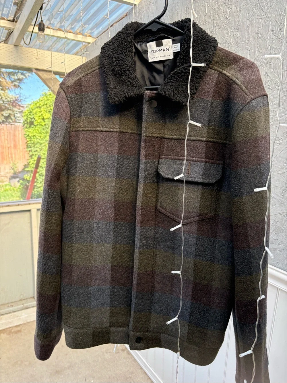 Topman Multicolor Plaid Field Jacket with Black Sherpa Collar